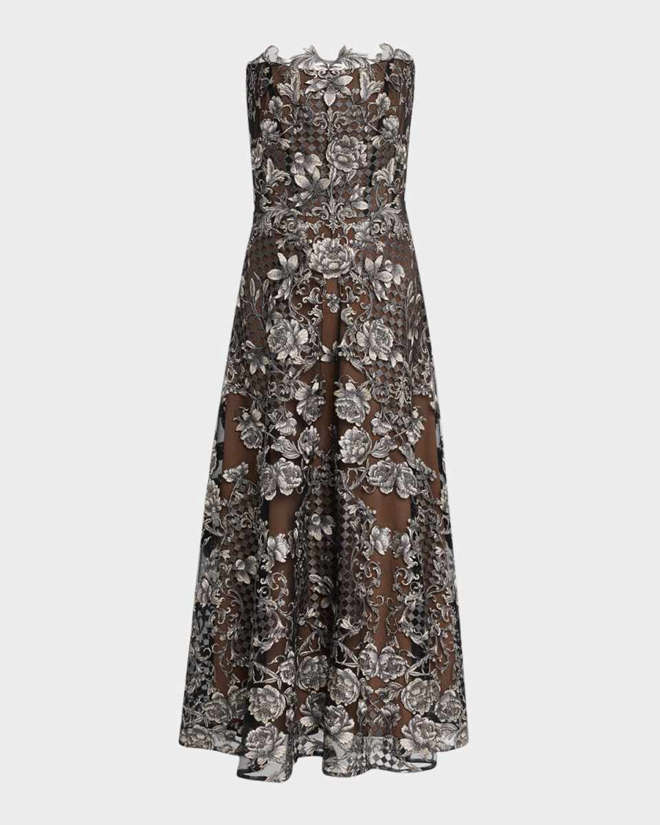 Strapless Embroidered Applique Tulle Midi Dress
